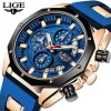 Blue and rose gold watch with LIGE branding on a white background