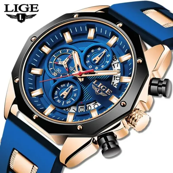 Blue and rose gold watch with LIGE branding on a white background