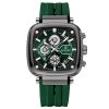 Close up view of the Green REWARD luxury watch showing the three-eye six-pin tactical dial and gold accents.