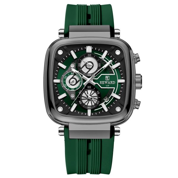 Close up view of the Green REWARD luxury watch showing the three-eye six-pin tactical dial and gold accents.