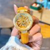 High-end women's fashion wristwatch featuring a radiant textured sunflower-shaped dial, a double-row diamond-set bezel, and a polished rose-gold and silver steel link bracelet.
