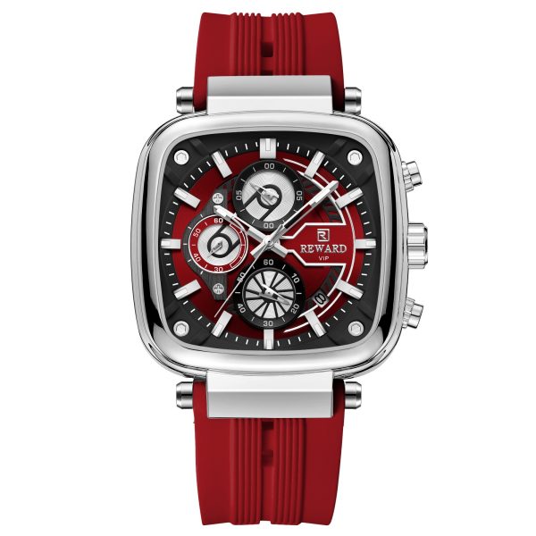Close up view of the Red REWARD luxury watch showing the three-eye six-pin tactical dial and gold accents.