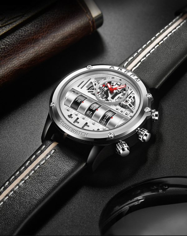 AKOPN sports watch with silver dial and creative calendar display.
