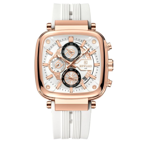 Close up view of the Rose-white REWARD luxury watch showing the three-eye six-pin tactical dial and gold accents.