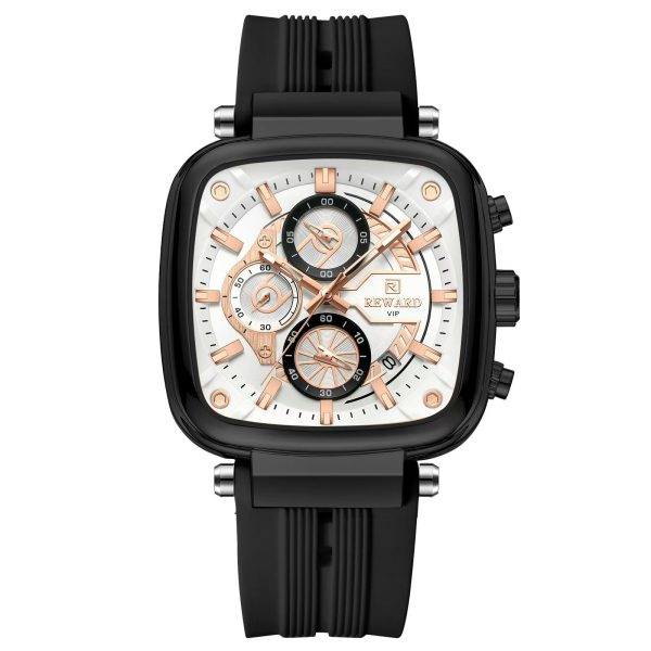 Close up view of the all-black REWARD luxury watch showing the three-eye six-pin tactical dial and gold accents.