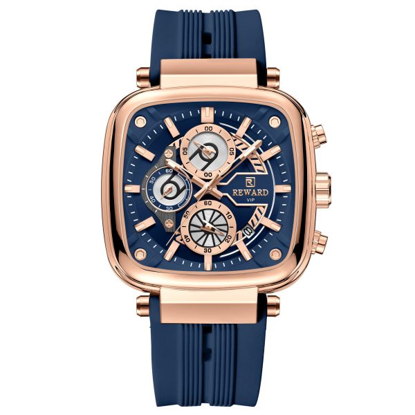 Dimension layout diagram of the REWARD square watch showing 44mm dial diameter and 13mm thickness.