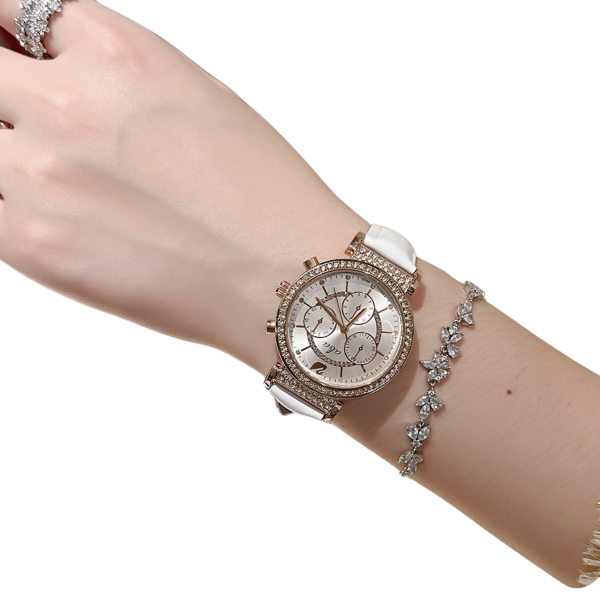 Luxury Three-Eye Diamond Leather Strap Watch