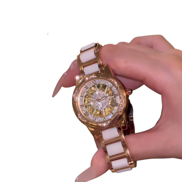 Luxury Women's Skeleton Automatic Watch – Ceramic & Rose Gold Diamond Flywheel Timepiece