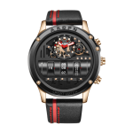 AKOPN men's large dial sports watch with hollow mechanical design and black leather strap.