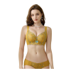 A model presenting the Ginger Yellow lace embroidered bra suit with a dainty center bow, showcasing the thin-upper-thick-lower molded push-up cup structure,
